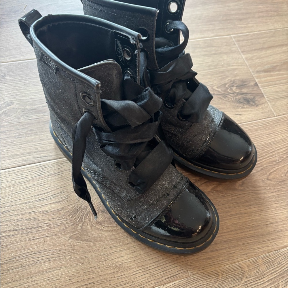 Dr. Martens Black glitter and patent combat boots